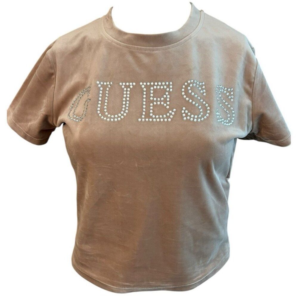 Guess Ladies Small Nude Tan Velvet Rhinestone Logo Crop Top FLAW MSRP $44